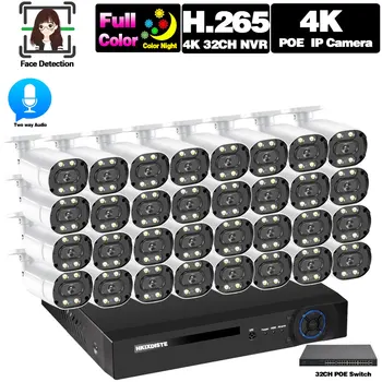 32-Канальная Камера Видеонаблюдения Комплект Системы Безопасности 4K POE NVR Комплект Наружного 2-Полосного Аудио Цветного Ночного POE IP-камеры Комплект Системы Видеонаблюдения