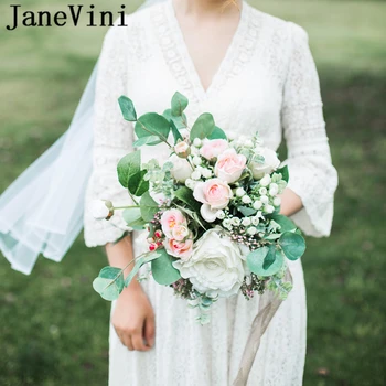 JaneVini, Букеты для новобрачных в западном стиле, Белые свадебные цветы, Букет в стиле Бохо, Искусственные Розовые Шелковые розы, Букет Fleur Mariage