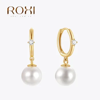 ROXI 100% стерлингового серебра 925 пробы, подвеска с жемчугом в форме шара, Классические женские серьги, летние пляжные путешествия, повседневная одежда, украшения на день рождения
