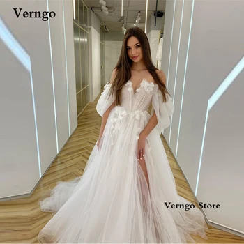 Verngo, Элегантные свадебные платья Трапециевидной формы с открытыми плечами, 3D Цветы, Тюлевые свадебные платья с разрезом сбоку, Шлейф Vestido de noiva