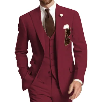 Бордовый Мужской костюм, Комплект из 3 предметов, Элегантный Смокинг с V-образным вырезом и вырезами на лацканах, Мужские костюмы для Жениха, Свадебные костюмы для мужчин 2019 (Куртка + жилет + Брюки)