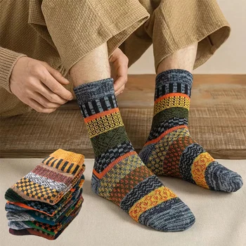 Высококачественные новые осенне-зимние мужские носки, толстые теплые шерстяные носки, зимние носки в стиле ретро, 5 пар носков в стиле Харадзюку, Модные хлопковые подарки