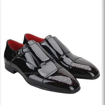 Дышащая мужская обувь из черной лакированной кожи с пряжкой и декором, новая модная мужская повседневная обувь без застежки ручной работы, комфортные мужские модельные туфли