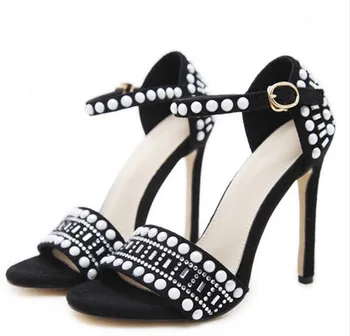 Женские черные замшевые босоножки с открытым носком, летние туфли для банкета, Украшенные кристаллами, Ремешок с пряжкой на щиколотке, высокие каблуки