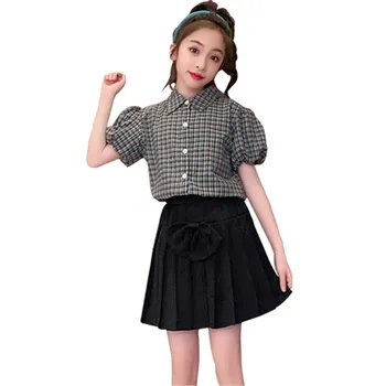 Клетчатая рубашка на девочку от 8 до 10 лет, Топы + юбка, Модная Детская одежда для танцев в корейском стиле, Уличная одежда с короткими рукавами для девочек-подростков, комплекты из двух предметов