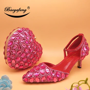 BaoYaFang Свадебные туфли и сумки из розового хрусталя цвета Фушии, обувь с ремешком на щиколотке невесты и соответствующими сумками, пряжка для обуви для свадебной вечеринки