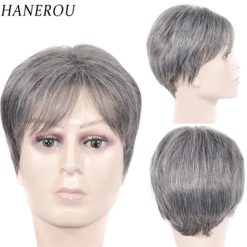 HANEROU Men Короткий смешанный серый парик из прямых синтетических натуральных волос с высокотемпературным волокном для ежедневных косплей-вечеринок