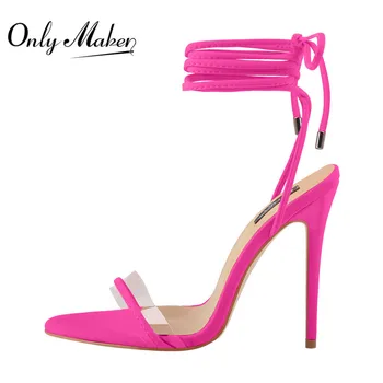 Onlymaker, женские летние сандалии Большого размера с открытым носком, Розово-красный Ремешок на щиколотке, Прозрачная лента, Гладиатор на высоком каблуке-шпильке