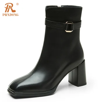 PRXDONG/ Женские ботильоны из натуральной кожи на высоком массивном каблуке с квадратным носком, черно-коричневое платье в стиле ретро, Офисная женская обувь, Осень-зима
