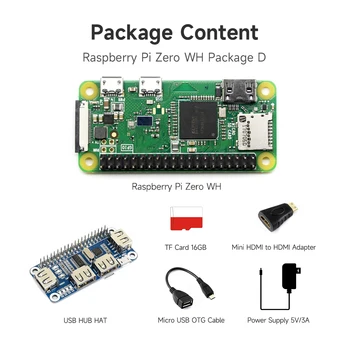 Raspberry Pi Zero WH (встроенный Wi-Fi, предварительно припаянные разъемы) Тип D, карта Micro SD, адаптер питания, USB-концентратор, основные компоненты