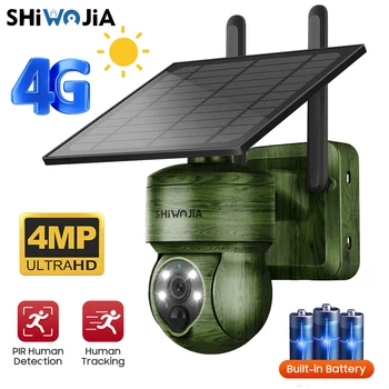 SHIWOJIA 4G, батарея на солнечной батарее, Камера 4MP 2K, Наружная солнечная Защита дикой природы, PIR, Обнаружение человека/животных, Охотничьи камеры CCTV