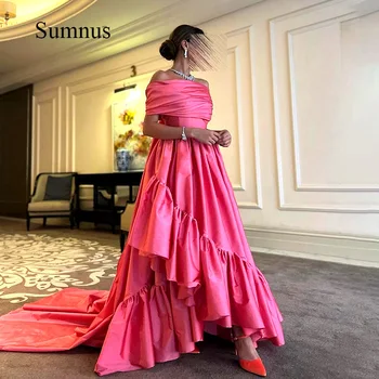 Sumnus Великолепные розовые вечерние платья С открытыми плечами, атласное платье трапециевидной формы с рюшами, вечернее платье из Саудовской Аравии, Длинный Шлейф