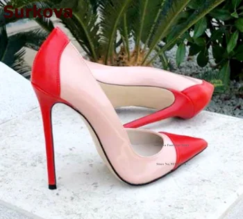 Surkova/ Красные, розовые Модельные туфли на тонком высоком каблуке, цветные лоскутные туфли-лодочки без застежки, Неоново-желтая обувь с острым носком, Размер46