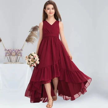 Асимметричное шифоновое платье для подружек Невесты трапециевидной формы с V-образным вырезом, плиссированное бордовое платье с цветочным узором для девочек, Платья для гостей на вечеринку, Причастие