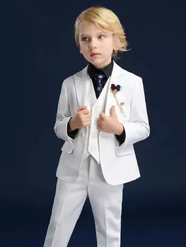 Белый блейзер для маленьких мальчиков, куртка, жилет, брюки, костюм Высококлассной Элегантности, официальные детские костюмы для свадьбы, Крещения, представления, праздничный наряд