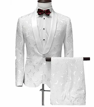 Белый Мужской костюм Жаккардовый костюм на одной пуговице с Брюками, Смокинг с воротником-шалью, Свадебный костюм На заказ, Костюмы-двойки (куртка + брюки)