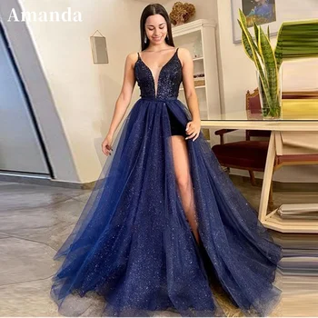 Блестящее темно-синее платье для выпускного вечера Amanda, Элегантное вечернее платье с V-образным вырезом, Сексуальное вечернее платье с разрезом сбоку, блестящее бальное платье, вечернее платье