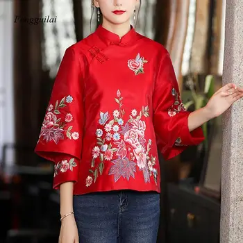 Весенне-осенний костюм в стиле Тан 2022, пальто, китайский топ с вышивкой в стиле ретро, женская элегантная свободная блузка