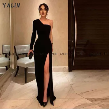 Вечернее платье YALIN на одно плечо, черное, с одним рукавом, Русалка, приталенное платье со шлейфом для выпускного вечера, шифоновое сексуальное вечернее платье с разрезом