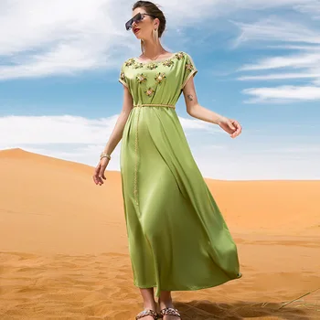 Винтажное платье из зеленого Атласа Тяжелой Промышленности Ручной работы с бриллиантами, Халат с коротким рукавом и поясом
