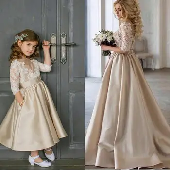 Детское вечернее платье цвета шампанского, платья с цветочным узором для девочек, свадебные платья с короткими рукавами, атласное платье для девочек длиной до щиколоток
