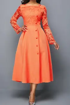Женские Элегантные платья 2023, Модное кружевное платье с длинным рукавом, платье с высокой талией, юбка с квадратным вырезом и пуговицами, вечернее платье