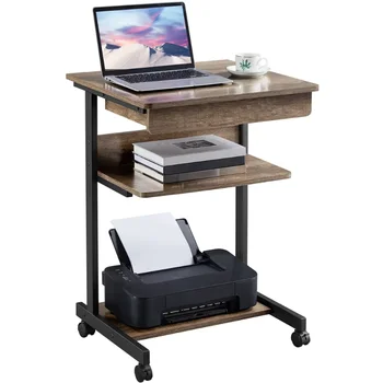 Компьютерный стол на колесиках с 2 полками для хранения и выдвижным ящиком, стол для ноутбука темно-серого цвета