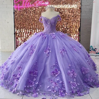 Лавандовый бисер, жемчуг, 3D цветы, пышные платья с открытыми плечами, бальное платье, платье Sweet Sixteen, Свадебные платья, тюлевое vestido