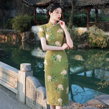 Летнее Китайское женское платье Ципао в стиле Ретро с коротким рукавом длиной до колен, Элегантный Ципао с воротником-стойкой