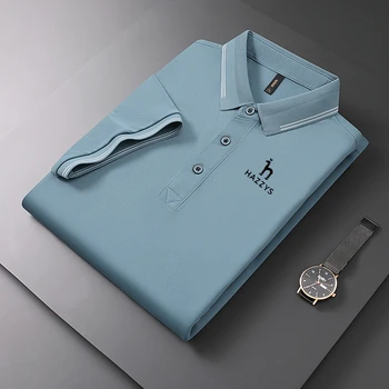 Летняя мужская футболка для гольфа с коротким рукавом, повседневная шелковая футболка для мужчин среднего возраста, мужская одежда, рубашка поло с вышивкой из ледяного шелка