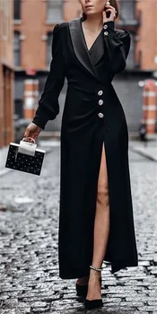 Модное Черное платье для выпускного вечера, женские костюмы, длинный Блейзер С атласным отворотом, Весенний формальный Офисный Женский жакет Макси, пальто, наряд по индивидуальному заказу
