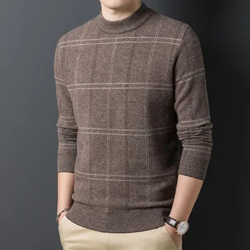 Мужской свитер, осенне-зимняя одежда из чистой шерсти, круглый вырез, хеджирование, Корейская версия, сплошной цвет, большая сетка
