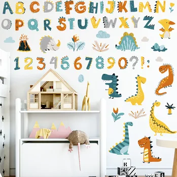 Наклейка на плоскую стену, Водонепроницаемое украшение, Детский сад, Алфавит динозавра, Детская комната, раннее образование, бесплатная комбинация номеров