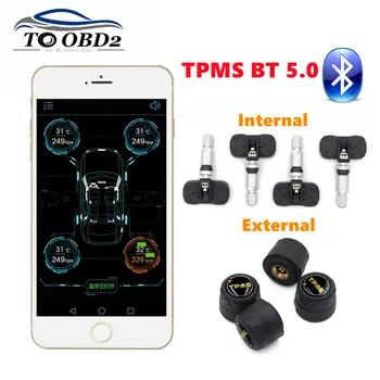 Новая система контроля давления в шинах TPMS Bluetooth 5,0, 4 внутренних/внешних датчика, работает с дисплеем приложения для мобильного телефона Android/iOS