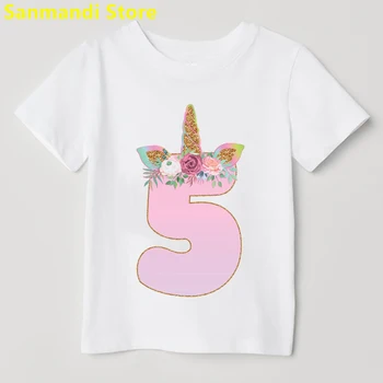Новая футболка с розовыми цветами и принтом Единорога Для девочек, Подарок на 2-9-й день Рождения Для девочек, Футболка Kawaii, Детская одежда, Забавная футболка для Девочек
