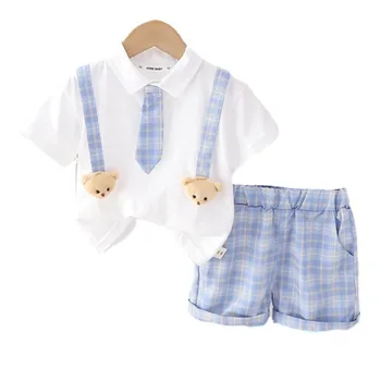 Новый летний модный костюм для маленьких мальчиков, детская футболка в клетку, шорты, 2 шт./компл., повседневный хлопковый костюм для малышей, детские спортивные костюмы
