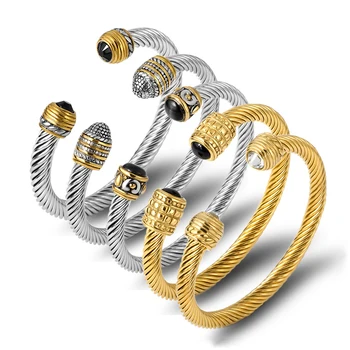 новый модный простой золотой браслет из витого регулируемого кабеля из нержавеющей стали с открытой манжетой, обернутый жемчужным браслетом