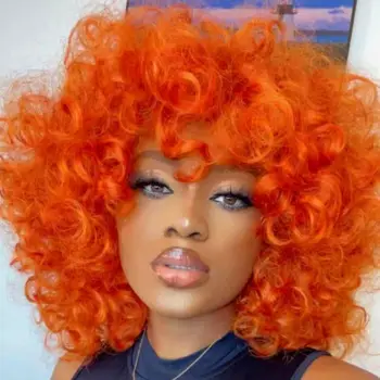 Оранжевые афро Вьющиеся Волнистые Синтетические Парики, Короткий Кудрявый парик-бомба с челкой, пышные волосы для ежедневного использования из черного термостойкого волокна Wmen