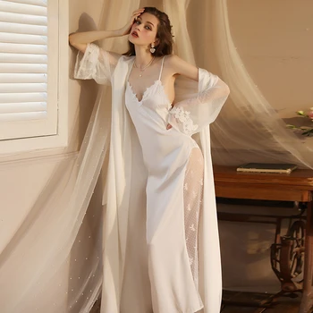 Осенне-зимняя Сексуальная Пижама, Длинный халат, Пижама, Женская атласная домашняя одежда с длинными рукавами, Женская сексуальная пижама