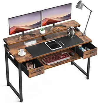 Письменный стол с подносом для клавиатуры и выдвижными ящиками, 55-дюймовый офисный стол с местом для хранения, Письменный стол с полкой для монитора, Рабочий стол для рабочего места