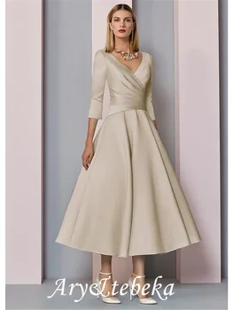 Платье для матери Невесты Трапециевидной формы, Плюс Размер, Элегантное винтажное платье с V-образным вырезом, атласная длина 3/4, рукав со складками, 2021