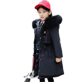Пуховик для девочек от 5 до 16 лет, Зимнее толстое теплое длинное пальто из меха енота с капюшоном, детская верхняя одежда, которую можно носить с двух сторон