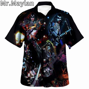 Рубашка с 3D Принтом Rock Kiss Band, Гавайская Рубашка, Мужская Летняя Рубашка с коротким рукавом, Мужские Рубашки 2023, Рубашка Оверсайз 5XL, Сорочка Homme-066