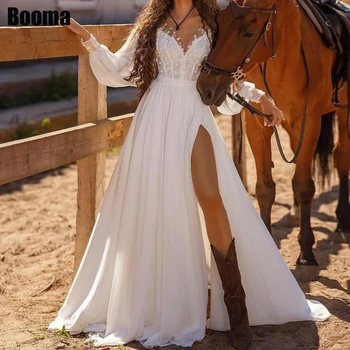 Свадебное платье Booma С Длинными рукавами Трапециевидной Формы, Шифоновые свадебные платья с цветочной аппликацией, Элегантное платье Невесты с разрезом на шнуровке