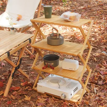 Складная стойка для кемпинга на открытом воздухе, многослойная переносная бамбуковая стойка для хранения без установки, Многофункциональный складной стол
