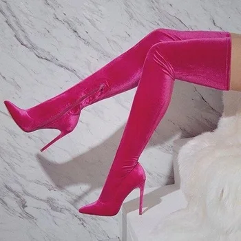 Стильные розовые бархатные сапоги выше колена, женские осенние длинные сапоги на молнии с острым носком, сапоги для подиума на тонком каблуке