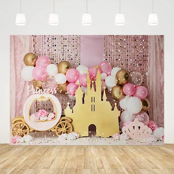 Фон для фотосъемки Розовые Золотые воздушные шары Принцесса Девочка на 1-й день рождения, торт, Разбитый Цветочный замок, Декор, Фотофон, студия