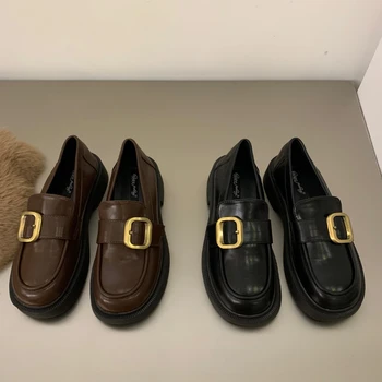 Черные весенне-осенние туфли Lefu на толстой подошве для женской обуви 2023, Весенняя ниша, маленькие кожаные туфли в британском стиле в стиле ретро