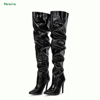 Черные эластичные женские ботинки, Новое поступление 2022 года, женская модная обувь выше колена, однотонный острый носок, тонкий высокий каблук, молния по щиколотку