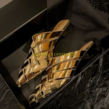 Шлепанцы на низком каблуке с золотой тесьмой, 2023 г., Плетение из кожаного ремешка, пикантные модные шлепанцы с острым носком, серебристо-черные туфли без застежки